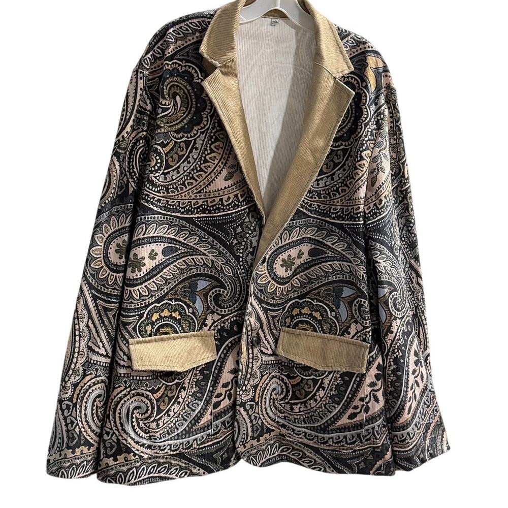Women’s 2XL Paisley Longline Blazer Jacket Black Tan Gold 2 Button Plus Size